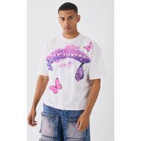 Mens Oversized Boxy Extended Neck Large Butterfly Graphic T-shirt - Rosa - XL, Rosa von boohooman