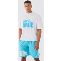 Mens Oversized Boxy Extended Neck Worldwide T-shirt Mesh Shorts Set - Blau - M, Blau von boohooman