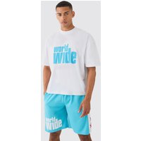 Mens Oversized Boxy Extended Neck Worldwide T-shirt Mesh Shorts Set - Blau - S, Blau von boohooman