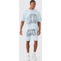 Mens Oversized Boxy Grafitti Spray Graphic T-shirt Set - Blau - XL, Blau von boohooman