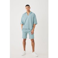 Mens Oversized Boxy Half Sleeve V Neck Polo And Short Set - Blau - L, Blau von boohooman