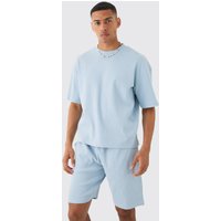 Mens Oversized Boxy Heavyweight Ribbed T-shirt & Shorts - Blau - L, Blau von boohooman