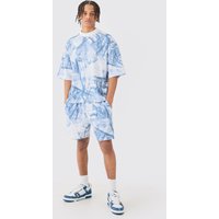 Mens Oversized Boxy Printed Denim Waffle T-shirt & Shorts - Blau - M, Blau von boohooman