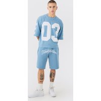 Mens Oversized Boxy Varsity Half Sleeve T-shirt Set - Blau - L, Blau von boohooman