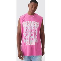 Mens Oversized Dreamers Graffiti Printed Wash vest - Rosa - M, Rosa von boohooman