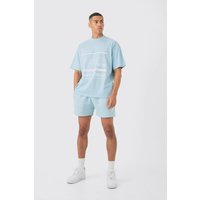 Mens Oversized Extended Homme Text Graphic T-shirt And Short Set - Blau - XS, Blau von boohooman