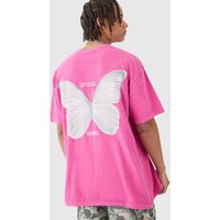 Mens Oversized Extended Neck Butterfly Print Wash T-shirt - Rosa - L, Rosa von boohooman