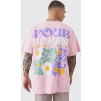 Mens Oversized Extended Neck Floral Puff Print Wash T-shirt - Rosa - M, Rosa von boohooman