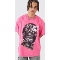 Mens Oversized Extended Neck Mask Graphic T-shirt - Rosa - L, Rosa von boohooman