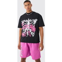 Mens Oversized Extended Neck Raw Hem Skeleton T-shirt And Mesh Shorts Set - Rosa - XL, Rosa von boohooman