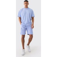 Mens Oversized Extended Neck Towelling T-shirt & Cargo Shorts - Blau - L, Blau von boohooman