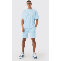 Mens Oversized Extended Neck Towelling T-shirt & Cargo Shorts - Blau - S, Blau von boohooman