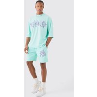 Mens Oversized Half Sleeve Worldwide Half Sleeve T-shirt And Short Set - Blau - S, Blau von boohooman