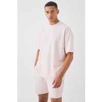 Mens Oversized Jacquard Stripe T-shirt & Short Set - Rosa - M, Rosa von boohooman