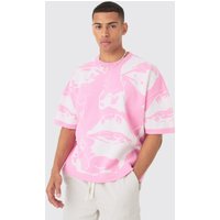 Mens Oversized Line Drawing Knitted T-shirt - Rosa - XL, Rosa von boohooman