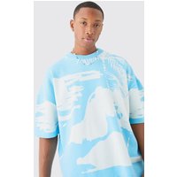 Mens Oversized Line Scenic Knitted T-shirt - Blau - L, Blau von boohooman