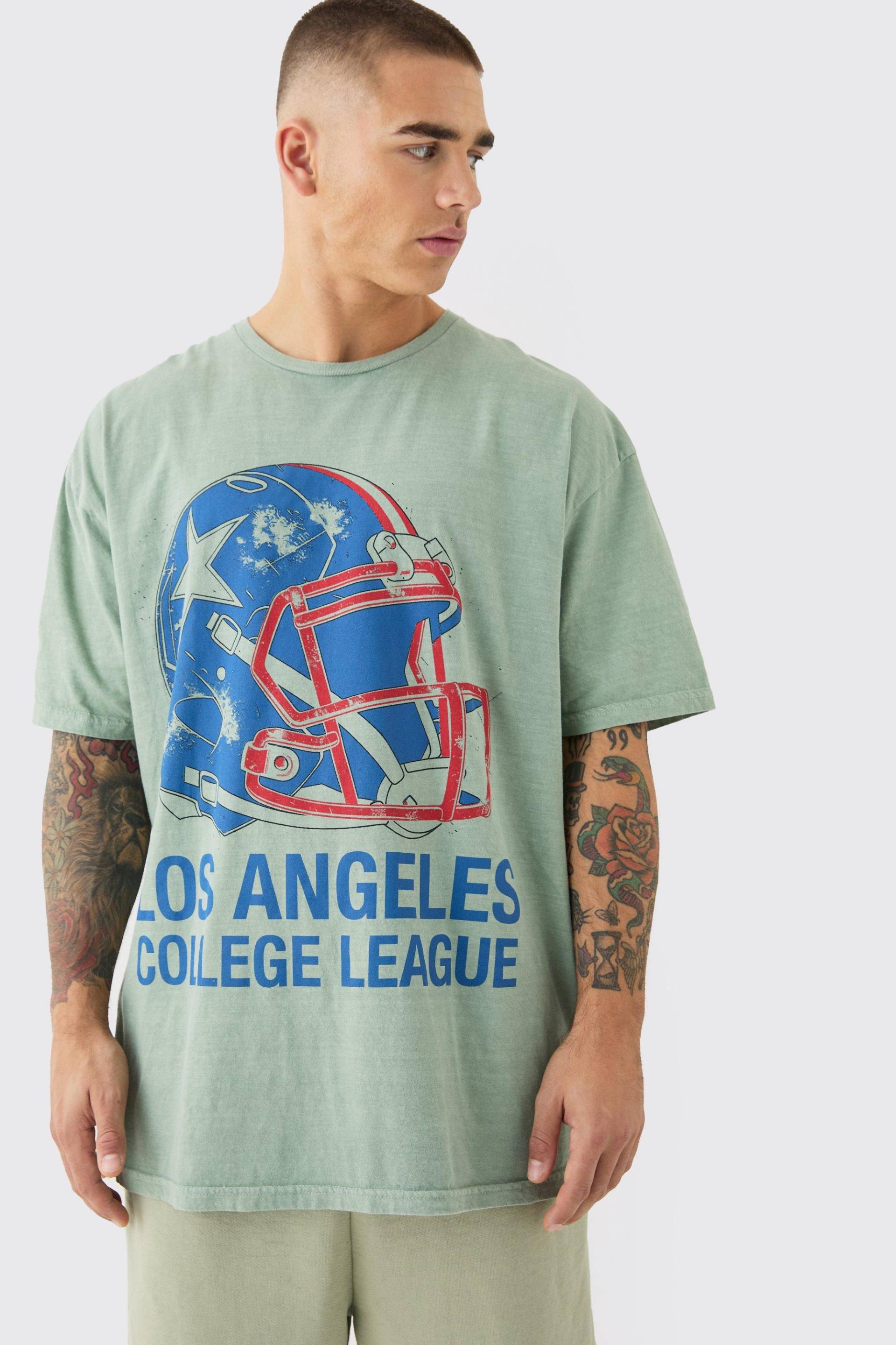 Mens Oversized Los Angeles Varsity Wash T-shirt - Khaki - XS, Khaki von boohooman