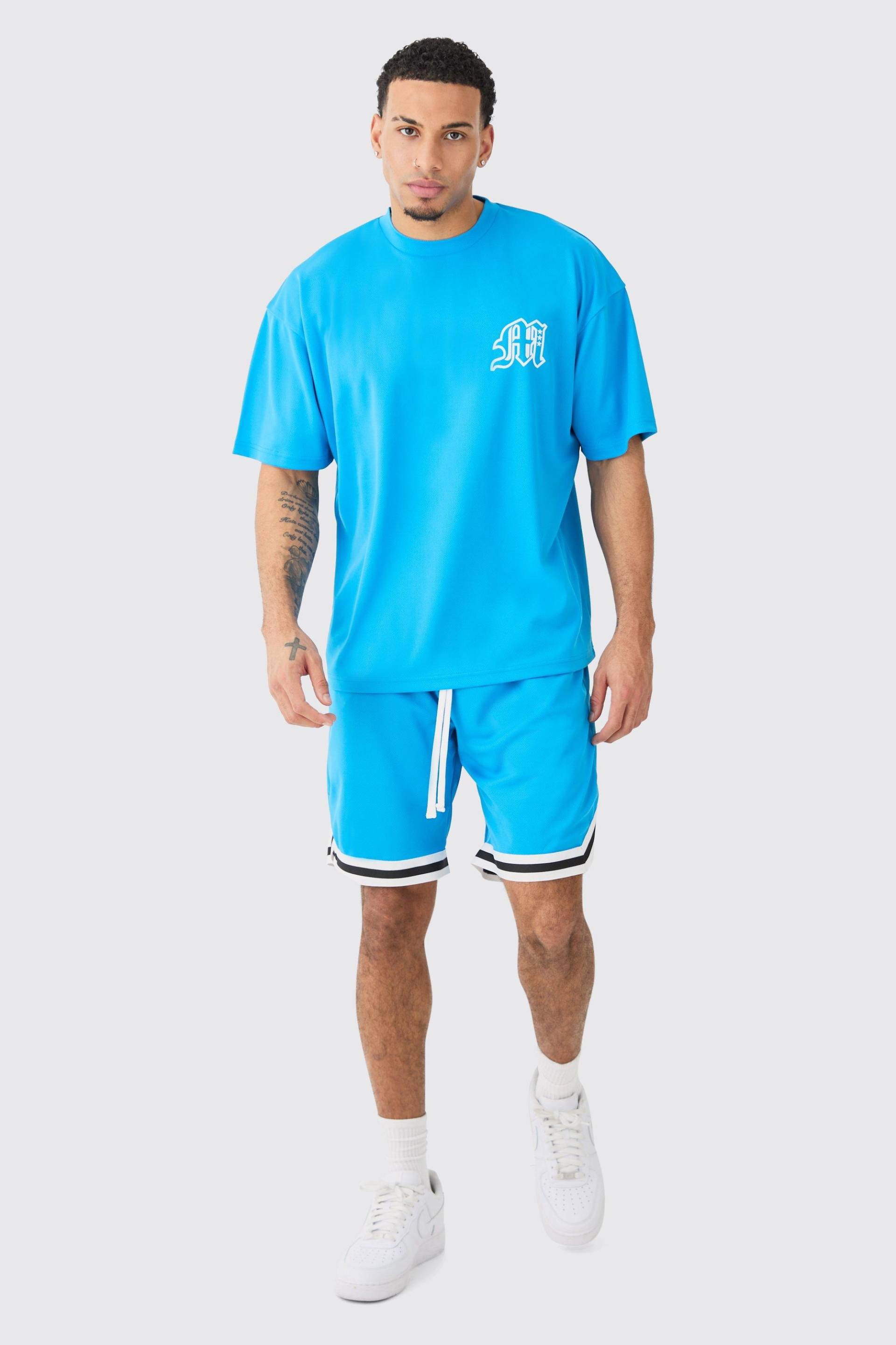 Mens Oversized Man Mesh Varsity Top And Basketball Shorts Set - Petrol - S, Petrol von boohooman