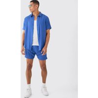 Mens Oversized Short Sleeve Cheese Cloth Shirt And Short Set - Blau - L, Blau von boohooman