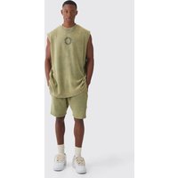 Mens Oversized Washed Heavy Waffle Graphic vest & Shorts Set - Grün - S, Grün von boohooman