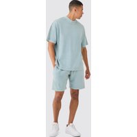 Mens Oversized Washed Heavyweight Waffle T-shirt & Shorts Set - Blau - XS, Blau von boohooman