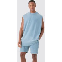 Mens Oversized Washed Heavyweight Waffle vest & Shorts Set - Blau - M, Blau von boohooman