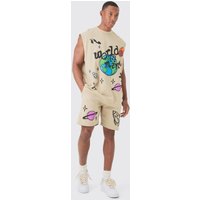 Mens Oversized Worldwide Large Puff Print vest & Shorts Set - Grau - L, Grau von boohooman