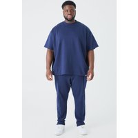 Mens Plus Oversized T-shirt & Taper Jogger Interlock Set - Blau - XXXXXL, Blau von boohooman