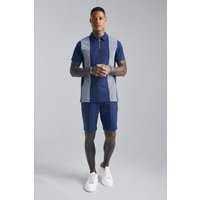 Mens Poloshirt mit Hahnentritt Jacquard-Einsatz & Shorts - Blau - L, Blau von boohooman