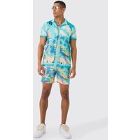 Mens Regular Landscape Shirt & Swim Short Set - Blau - S, Blau von boohooman