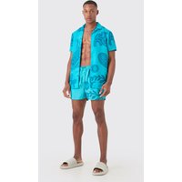 Mens Regular Paisley Shirt & Swim Short Set - Blau - XL, Blau von boohooman