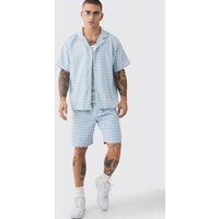 Mens Short Sleeve Boxy Linen Look Houndstooth Shirt & Short - Blau - L, Blau von boohooman