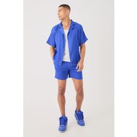 Mens Short Sleeve Boxy Satin Shirt & Short Set - Blau - S, Blau von boohooman