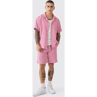 Mens Short Sleeve Boxy Textured Check Shirt & Short - Rosa - S, Rosa von boohooman