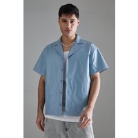 Mens Short Sleeve Drop Revere Boxy Pu Embossed Shirt - Blau - L, Blau von boohooman