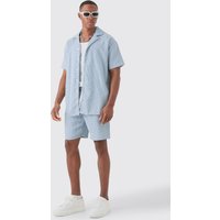 Mens Short Sleeve Mini Houndstooth Oversized Shirt & Short - Blau - L, Blau von boohooman