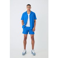 Mens Short Sleeve Oversized Lightweight Pleat Shirt & Short Set - Blau - L, Blau von boohooman