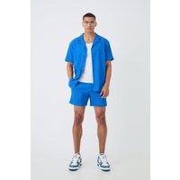 Mens Short Sleeve Oversized Lightweight Pleat Shirt & Short Set - Blau - XS, Blau von boohooman
