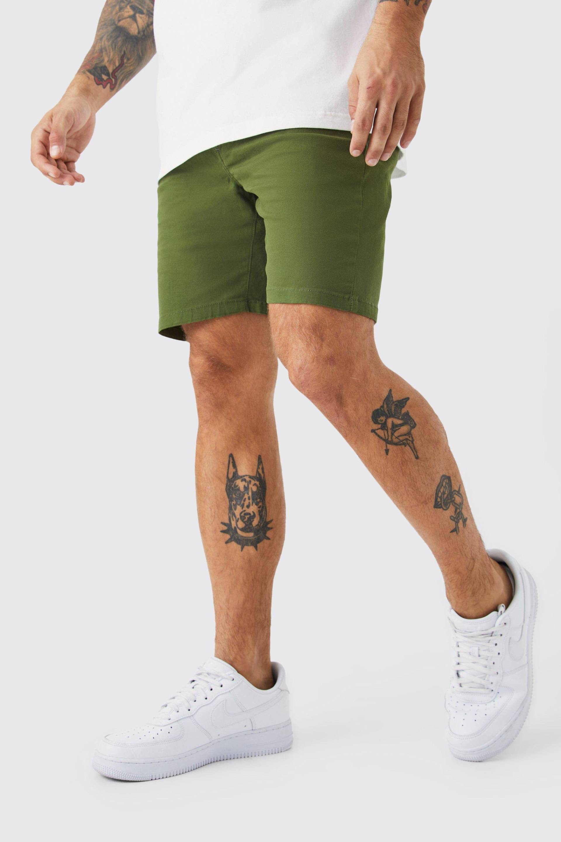 Mens Skinny Stretch Chino-Shorts - Khaki - 28, Khaki von boohooman