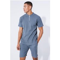 Mens Slim-Fit Bomber-Poloshirt & Shorts in Waffeloptik - Blau - L, Blau von boohooman