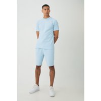 Mens Slim Jacquard Stripe T-shirt & Short Set - Blau - M, Blau von boohooman