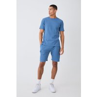 Mens Slim Waffle T-shirt & Cargo Short Set - Blau - M, Blau von boohooman