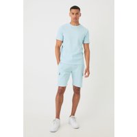 Mens Slim Waffle T-shirt & Cargo Short Set - Blau - S, Blau von boohooman