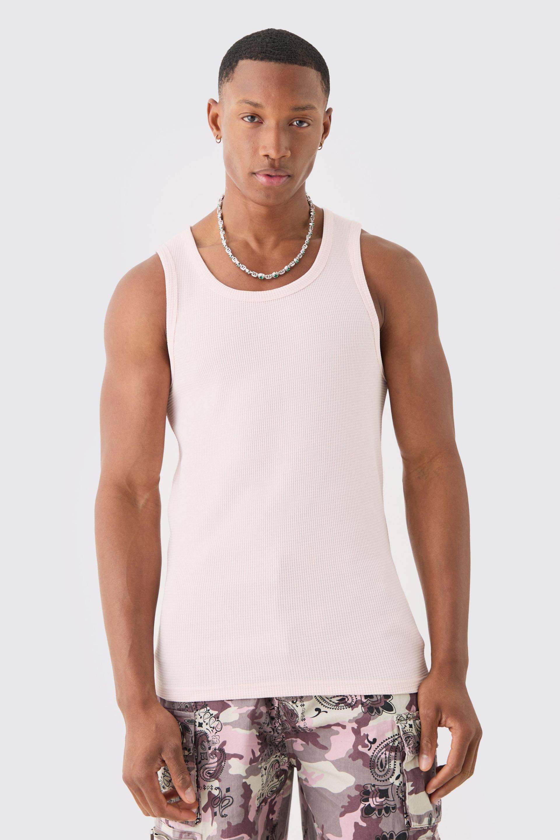 Mens Slim Waffle Vest - Rosa - M, Rosa von boohooman