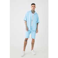 Mens Tall Oversized Short Sleeve Pleated Shirt & Short In Blue - Blau - L, Blau von boohooman