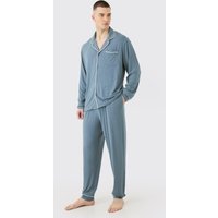 Mens Tall Premium Modal Mix Relaxed Lounge Shirt & Bottom Set - Blau - M, Blau von boohooman