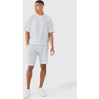 Mens Two Tone Boxy Ripple Pleated T-shirt And Short - Blau - XL, Blau von boohooman