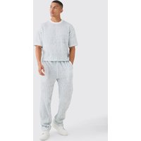 Mens Two Tone Boxy Ripple Pleated T-shirt & Trouser - Blau - S, Blau von boohooman