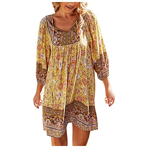 Sommerkleid Damen Boho Tunika Kleid Cover up Strandkleid 3/4 Ärmel Strandtunika V-Ausschnitt Blumenkleid Elegant A Linie Kurz Kleid Sommer Kleider Casual Lose Freizeitkleid T-Shirt Kleid von boseucn