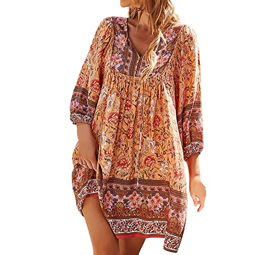 Sommerkleid Damen Boho Tunika Kleid Cover up Strandkleid 3/4 Ärmel Strandtunika V-Ausschnitt Blumenkleid Elegant A Linie Kurz Kleid Sommer Kleider Casual Lose Freizeitkleid T-Shirt Kleid von boseucn